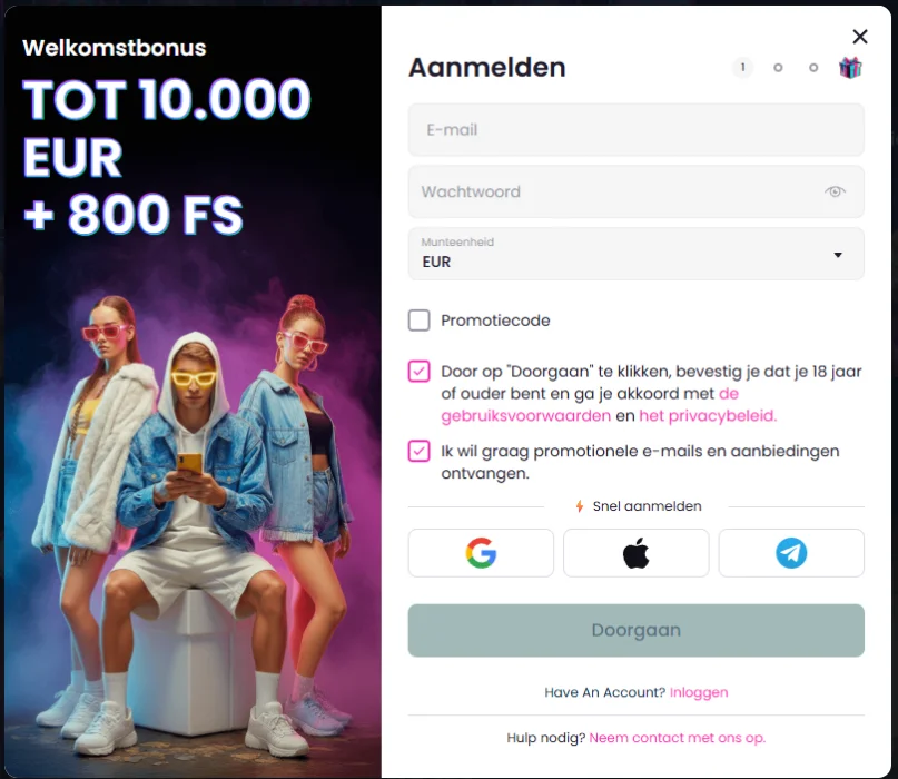LikesBet Casino registratieformulier met welkomstbonus tot 10.000 EUR en 800 free spins